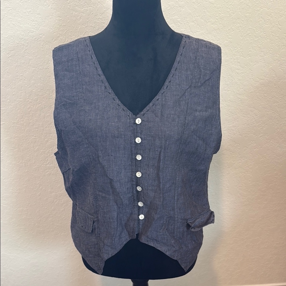 Stylish Women's Linen Blue Button-Down Vest